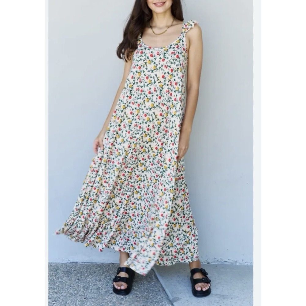 Womens Floral Maxi Dress XL Tiered Babydoll Sleeveless Ivory Boho Beach Vacation